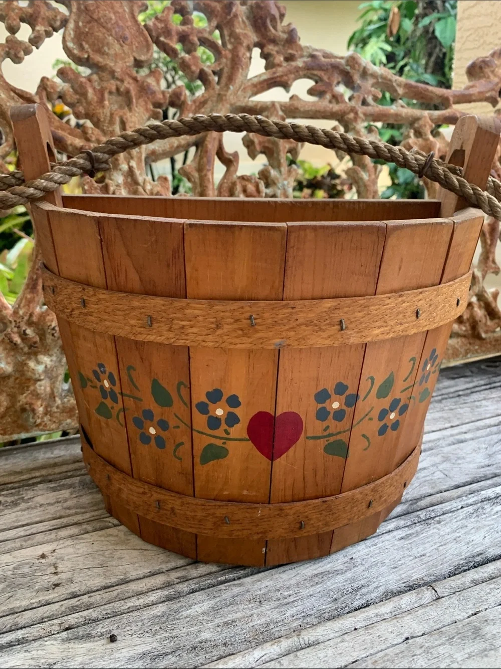 Vintage Flat Sided Wooden Hanging Basket with Red Heart and Floral Accents